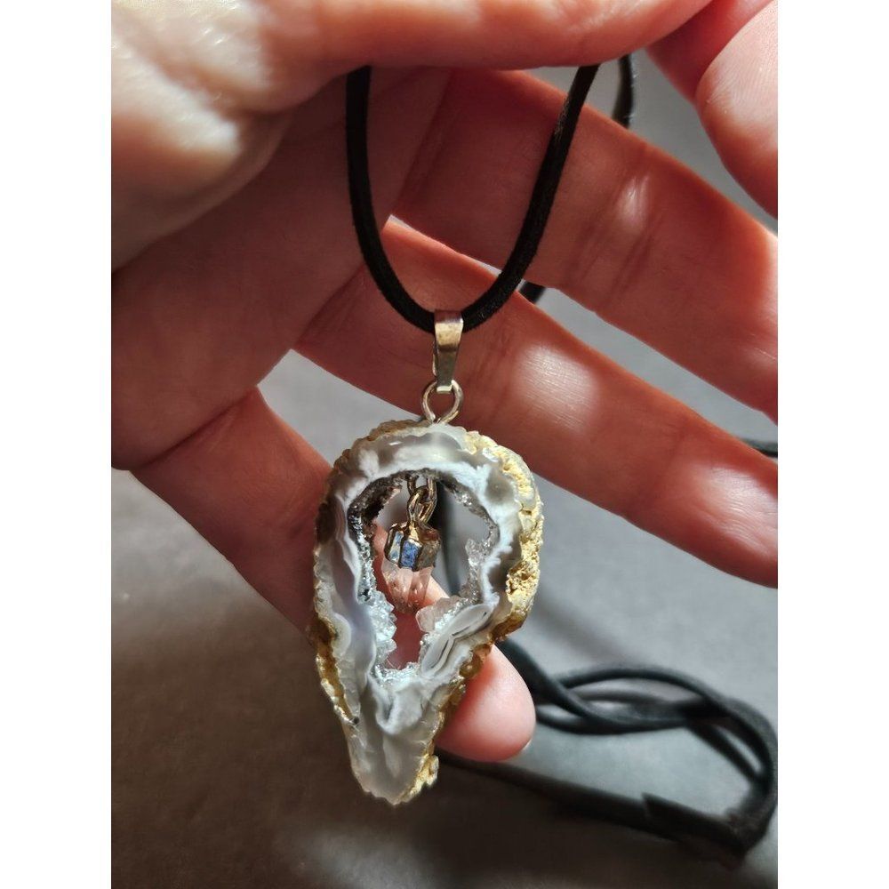 Geode with quartz pendant necklace adjustable leather chain